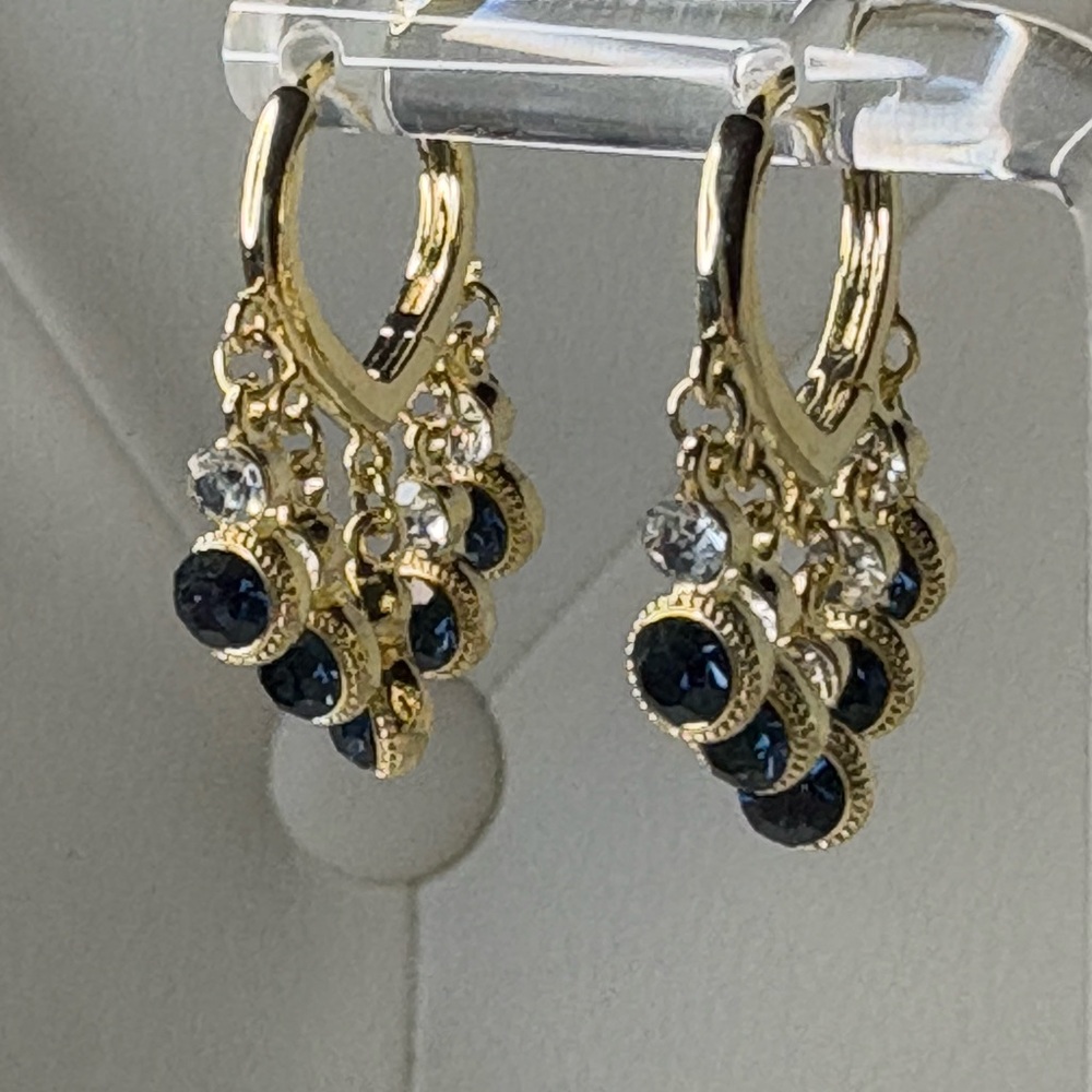 Elegant Gold Dangle Earrings with Blue & Clear Crystal Chandelier Dangles NEW